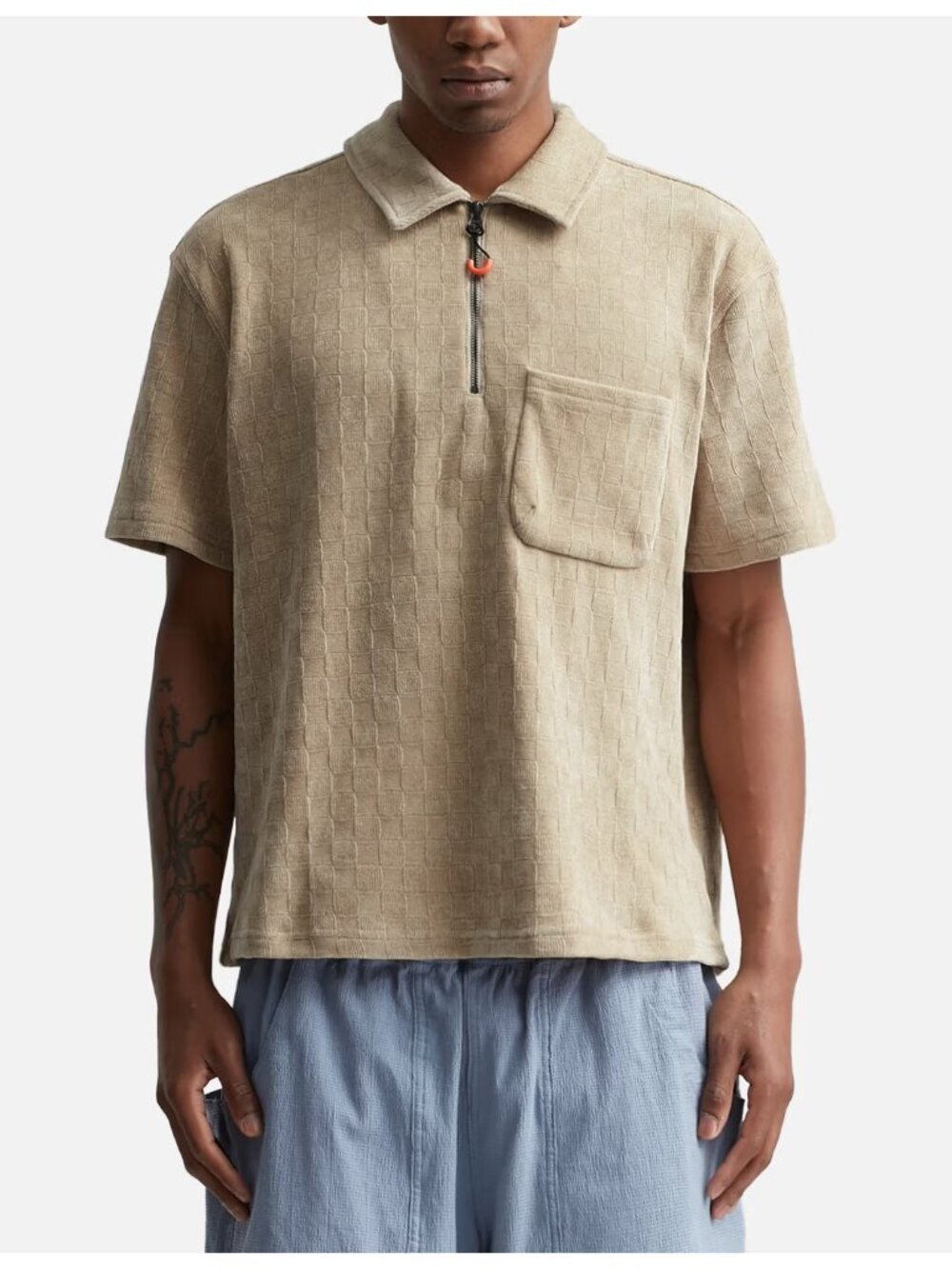 Brain Dead Men's Chenille Check Half Zip Shirt Size Large Short Sleeve Tan Brown